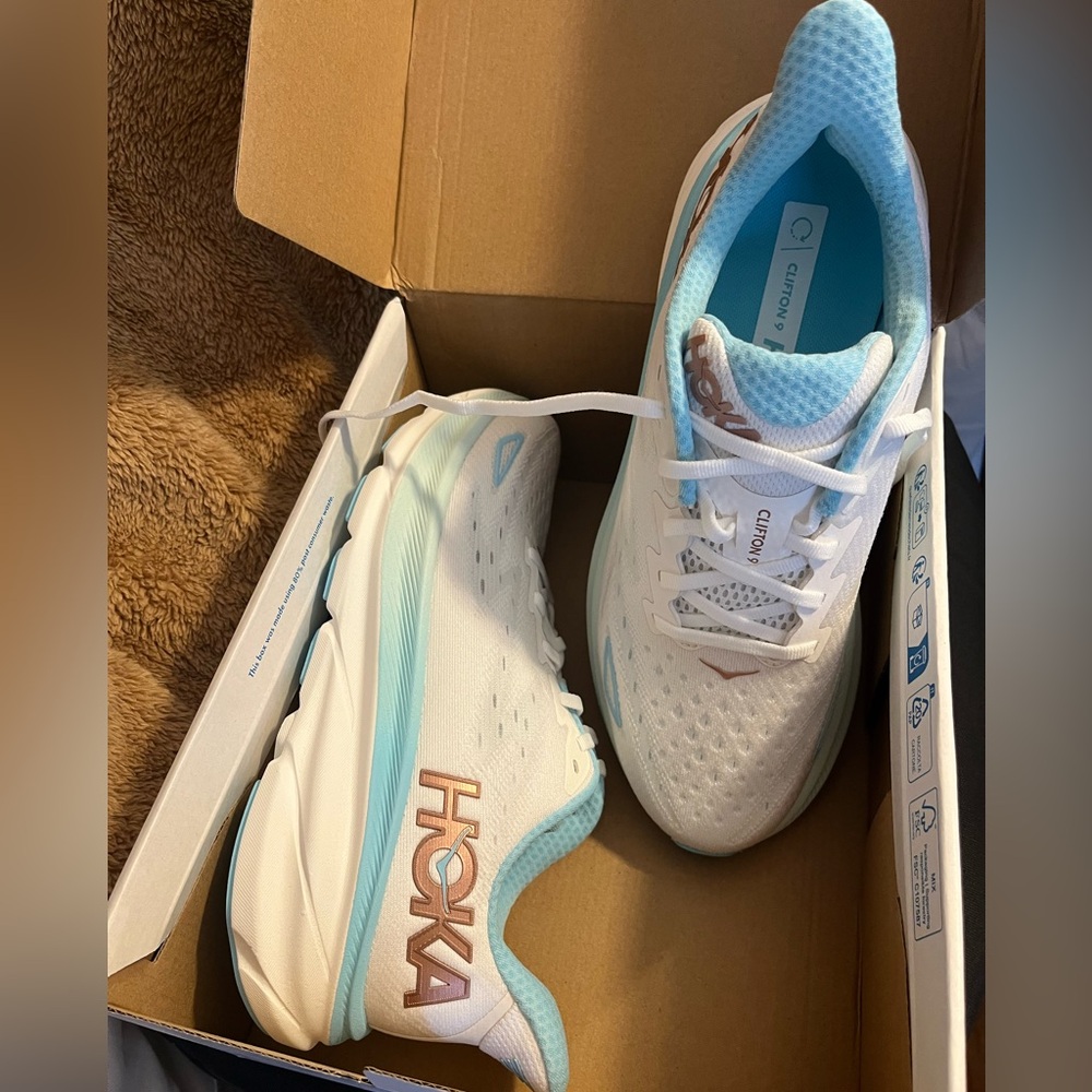 Hoka Women's Clifton 9 White and Aqua Running Shoes